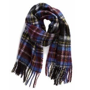 BP Boucle Flannel Multicolor Plaid Oversized Winter Blanket Scarf Fringe Tassel